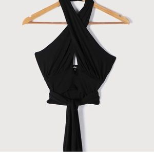 Lulu’s hot girl summer cross front halter crop top , black 70s
